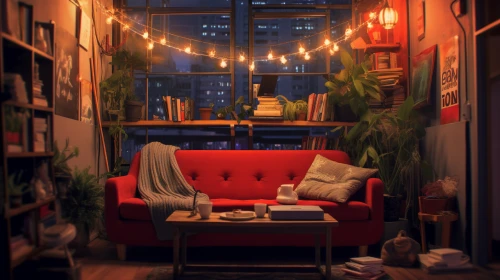 a cozy red couch and mood lighting